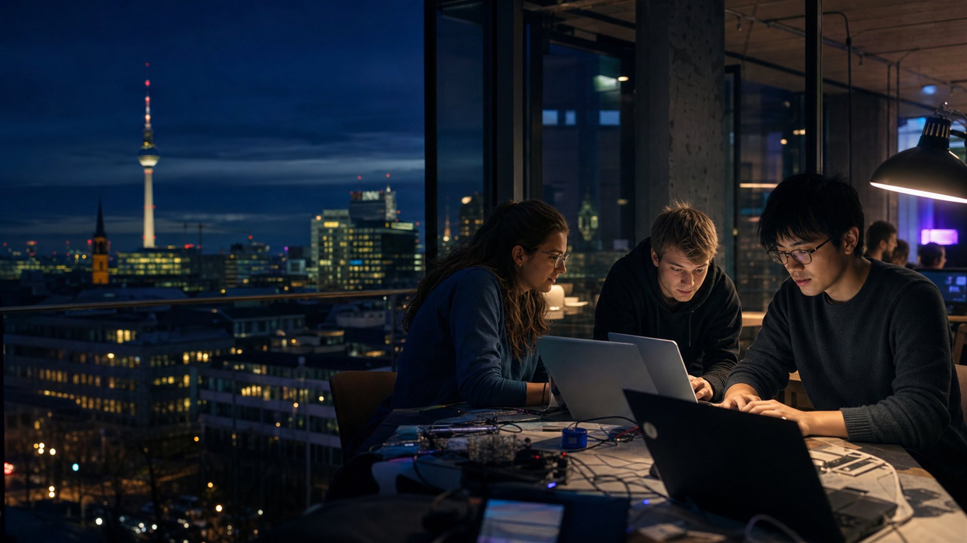 Computer science students collaborating in a Berlin technology workspace at night