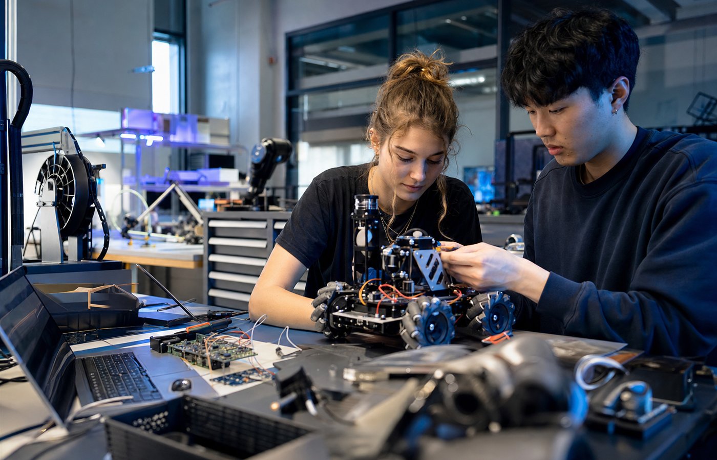 Two students building and testing a small robot in an innovation lab